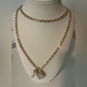 Elegant Gold Chain Necklace with Padlock and Key Rhinestone Pendant